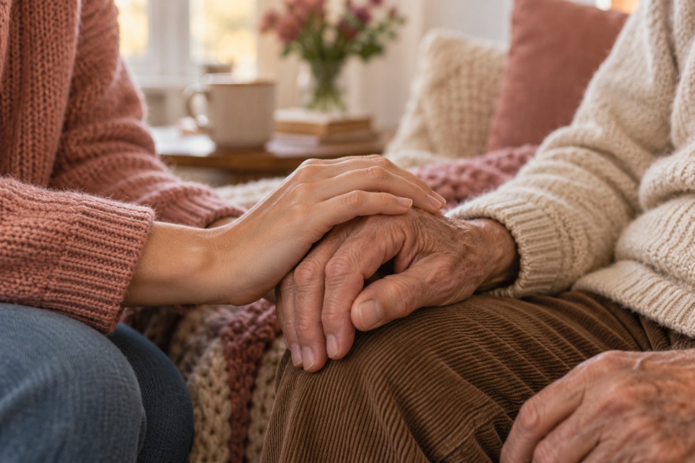 Illustrative image of a younger hand resting gently on an older hand
